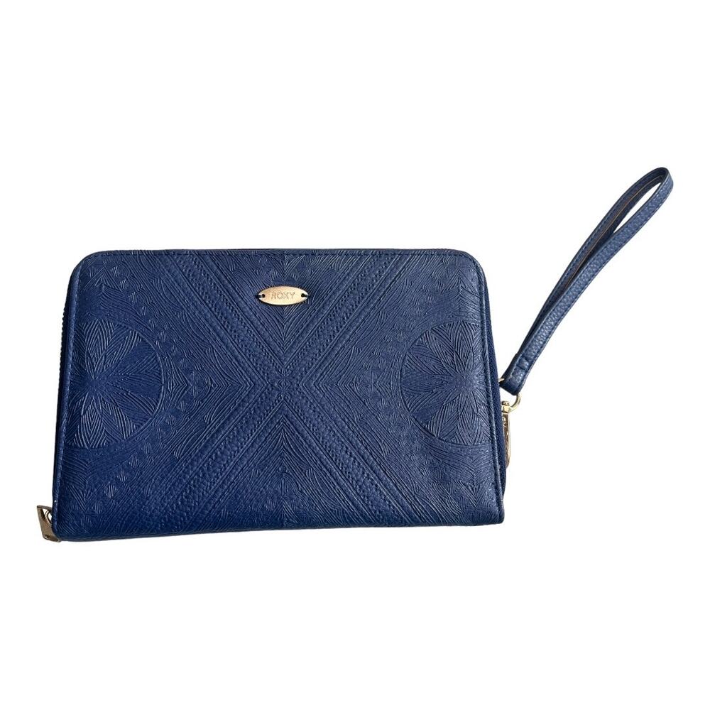 Roxy Magic Happens blue gold zip embossed pattern wristlet wallet vegan leather